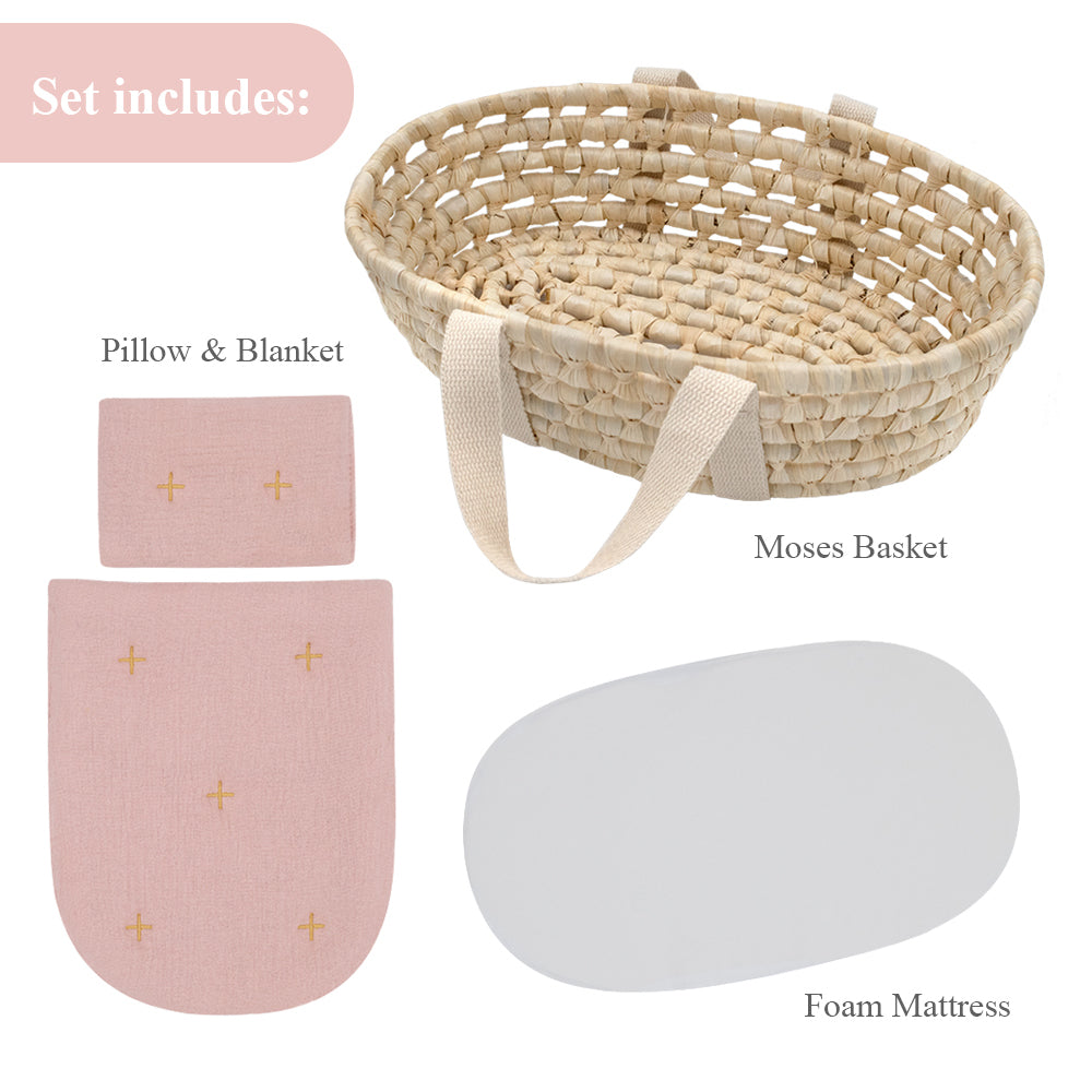 Rattan Doll Moses Basket Set Blush