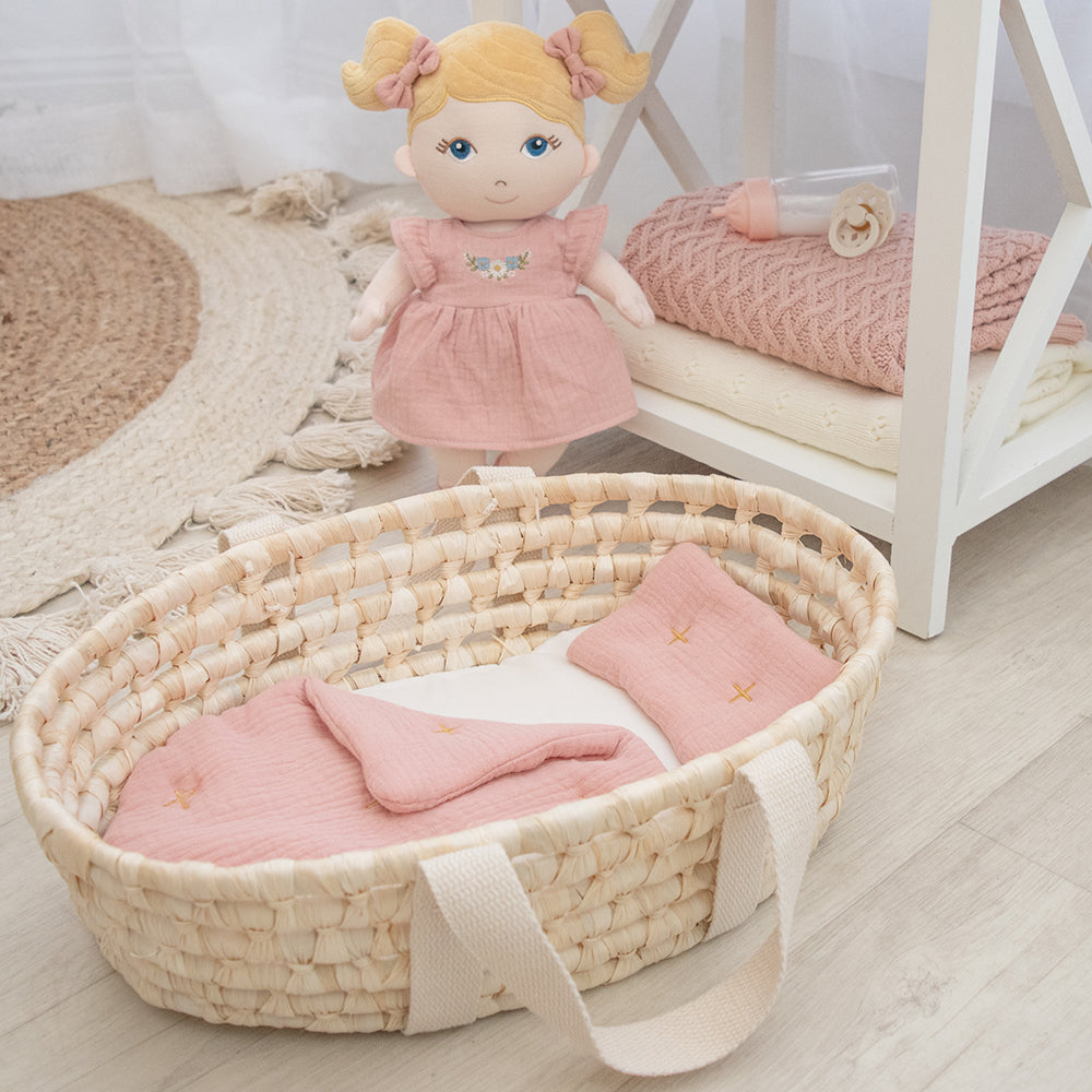 Rattan Doll Moses Basket Set Blush