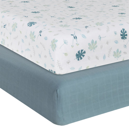 Organic Muslin 2-pack Cot Fitted Sheets - Banana Leaf/Teal